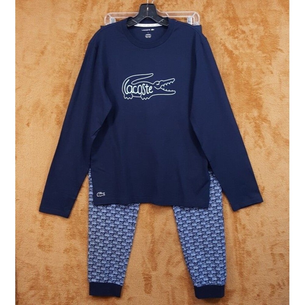 LACOSTE Pajama Set Mens Small Blue Pullover Jogger Signature Monogram Logo Pjs